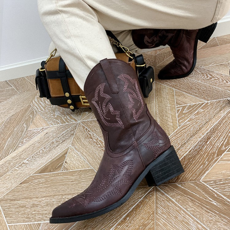 Cowhide Women's Embroidered Western Boots