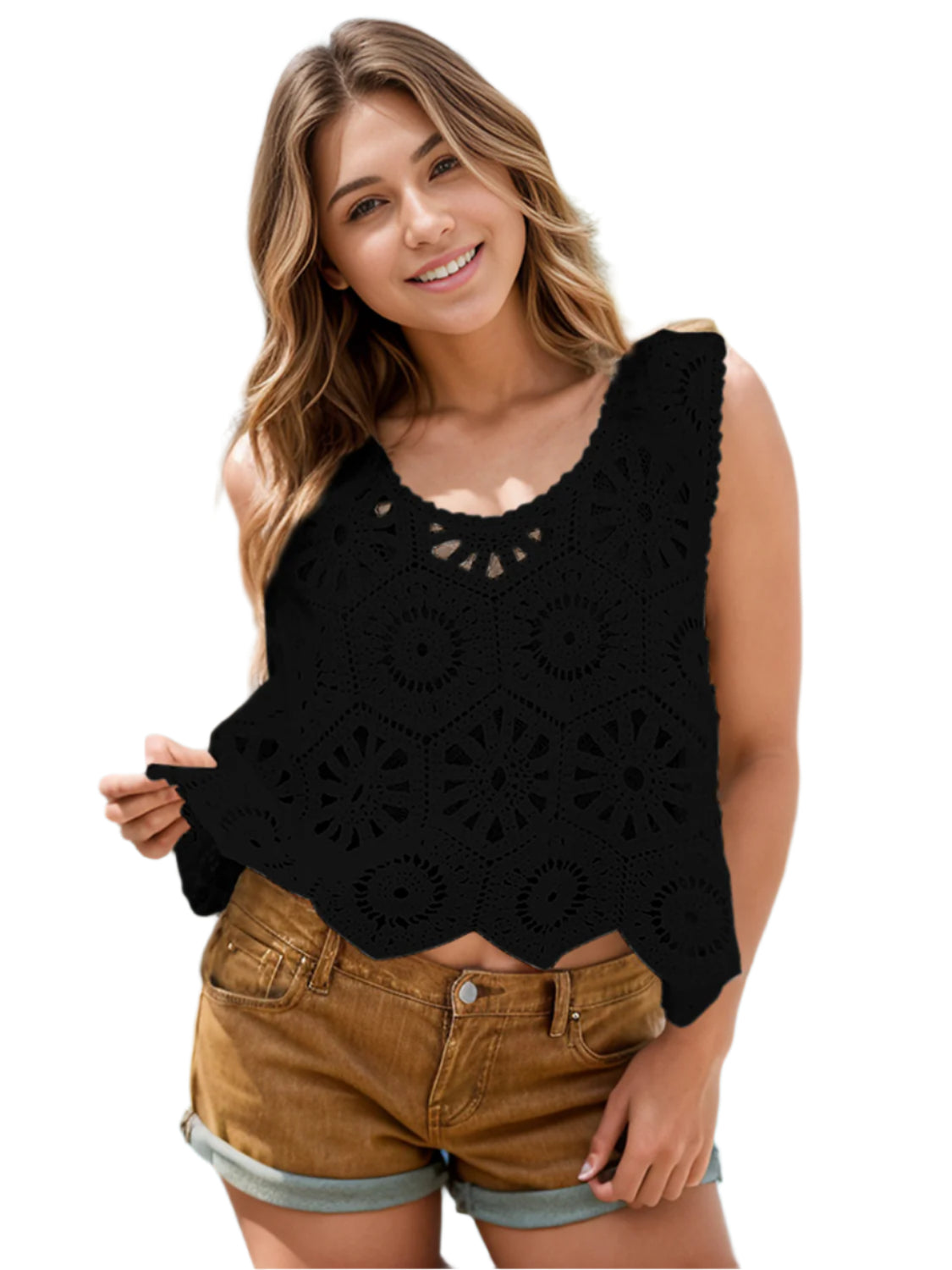 Openwork Round Neck Knit Vest