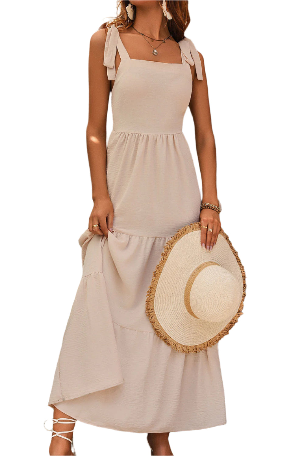 Perfee Tie Shoulder Smocked Tiered Dress