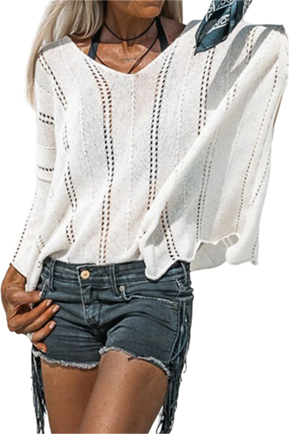 Openwork V-Neck Long Sleeve Knit Top