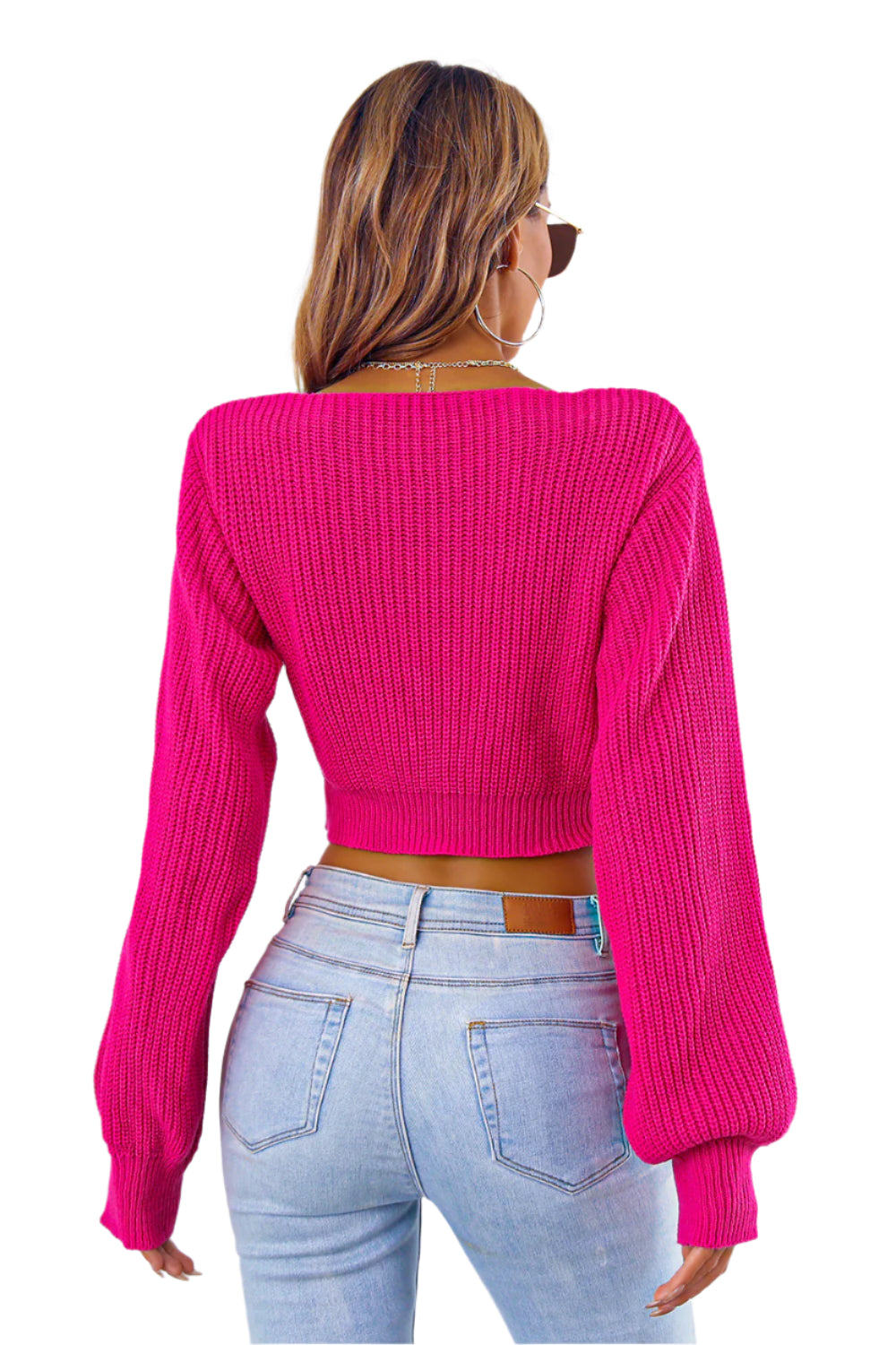 Bow V-Neck Long Sleeve Cropped Sweater