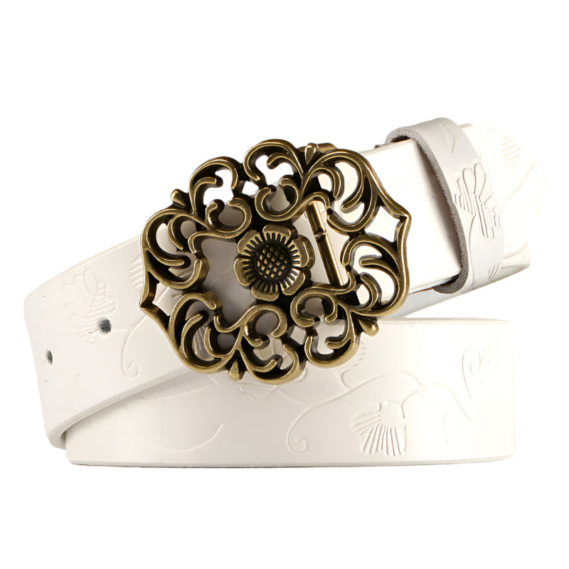 Embossed Floral Flower Buckle Cowhide Leather Belt