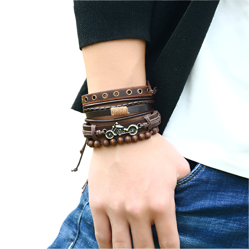 Leather Hemp and Wood Motorcycle Bracelet