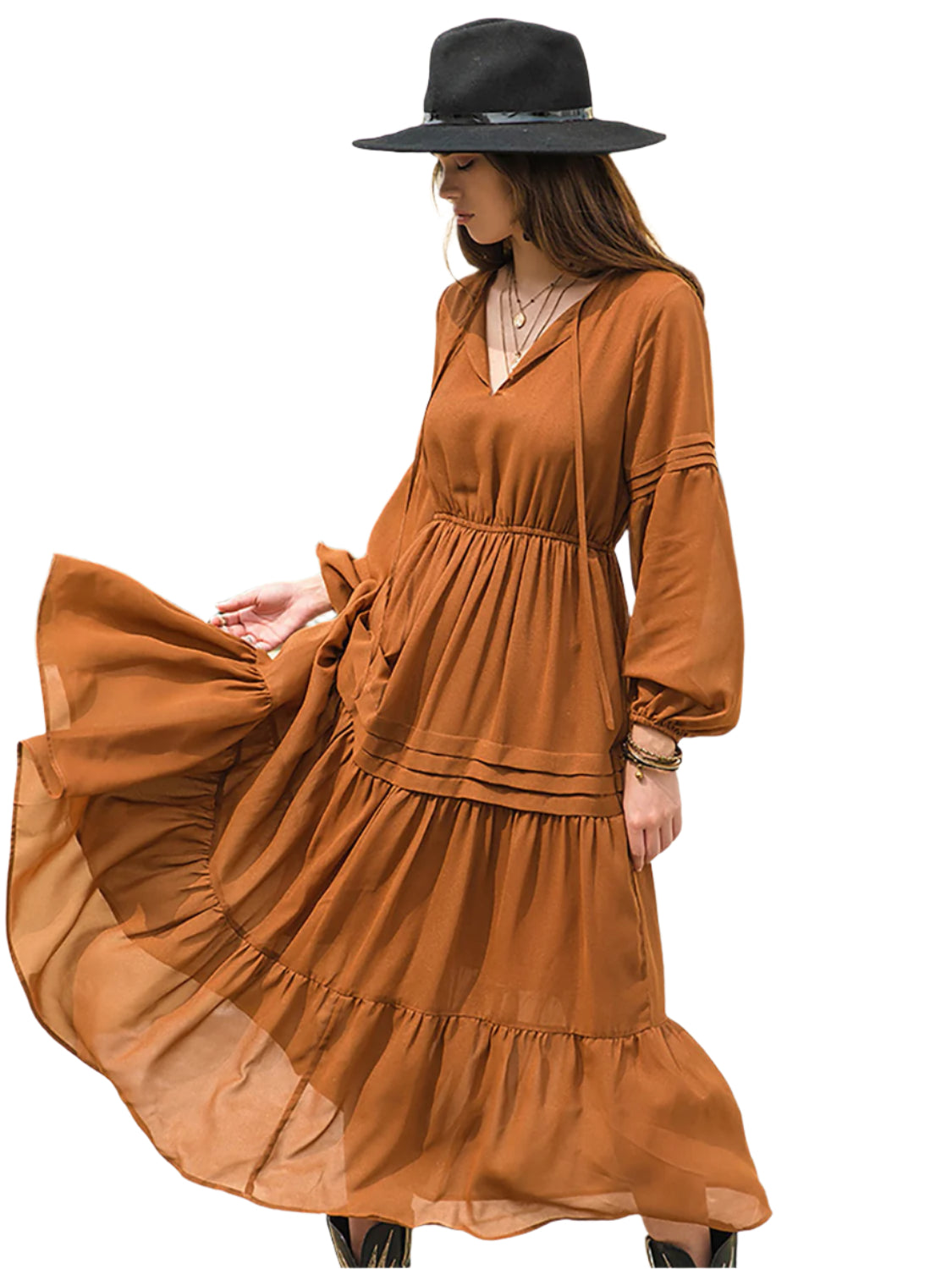 Tie Neck Long Sleeve Midi Tiered Dress