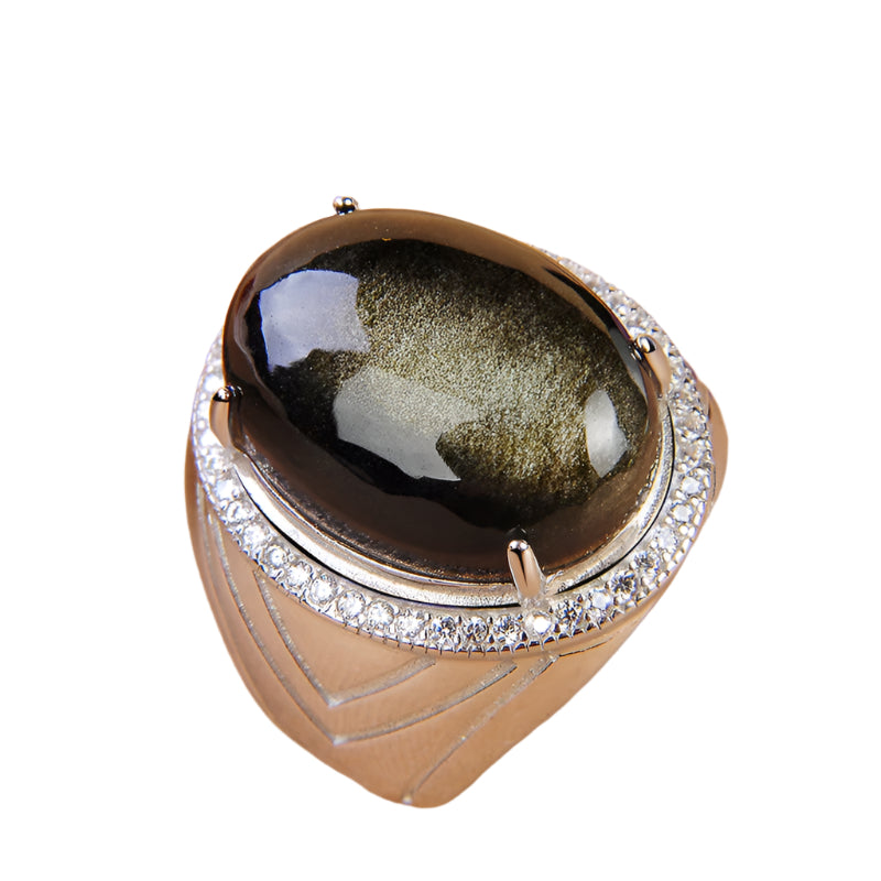 925 Sterling Silver Inlaid Golden Obsidian Adjustable Ring