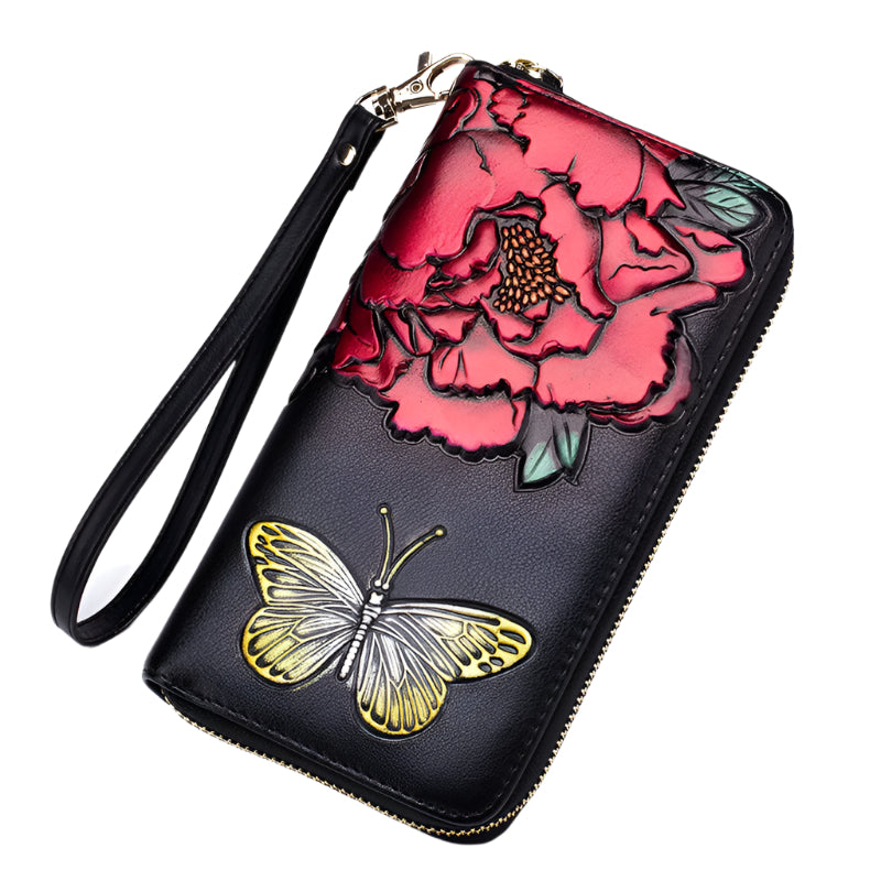 Hand Painted Cowhide Zipper Wallet with Detachable Strap