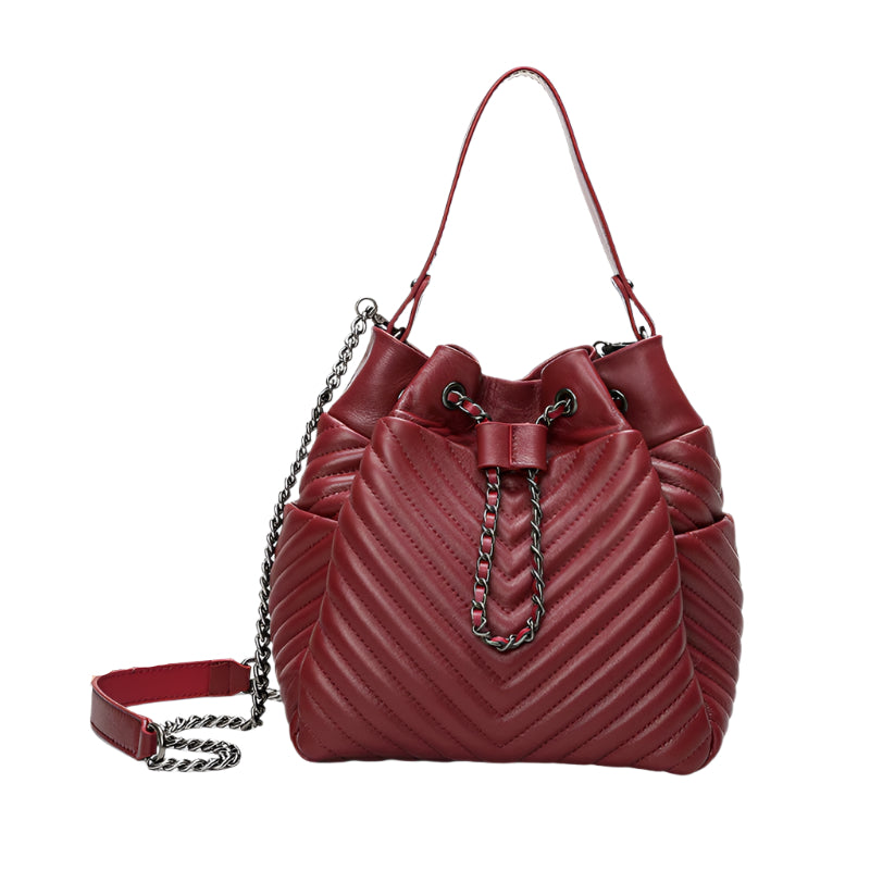 Pleated Sheepskin Genuine Leather Top Handle Handbag with Adjustable Chain Shoulder Strap