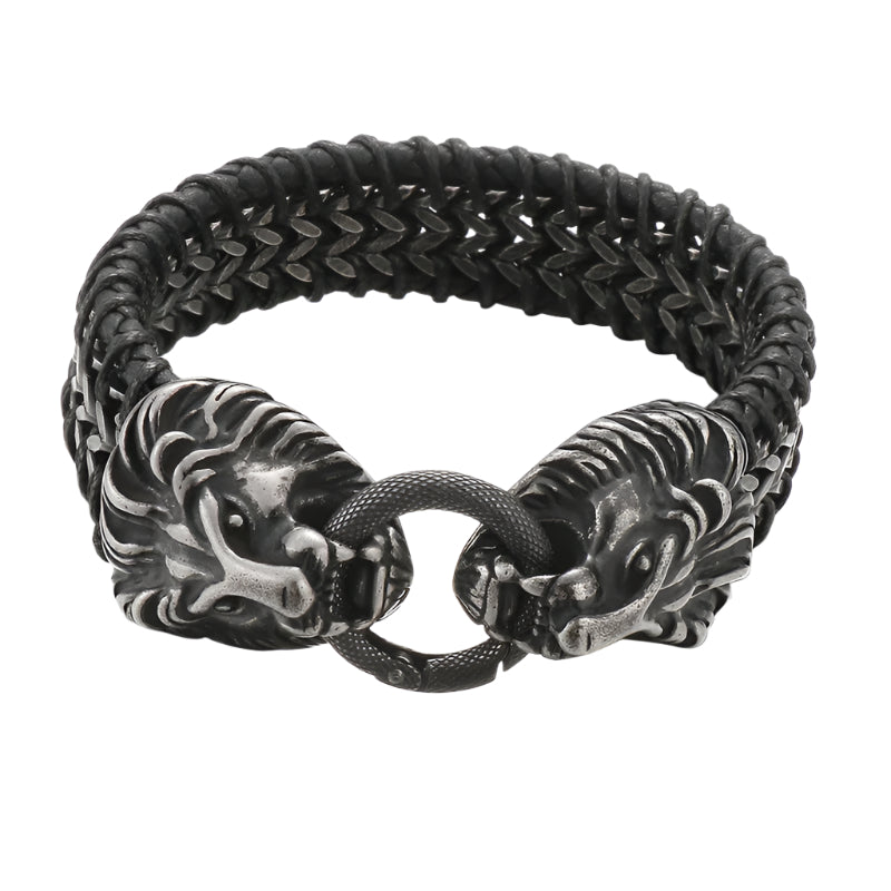 Cowhide Braided Stainless Steel Two Lions Bracelet