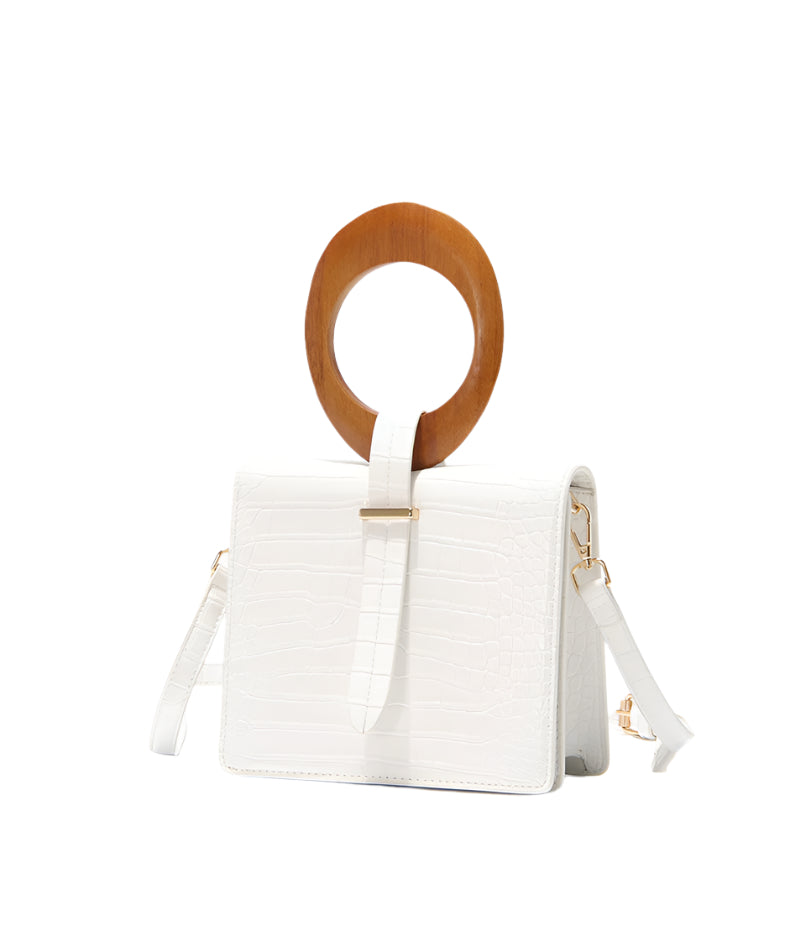 Wooden Handle Square PU Leather Handbag