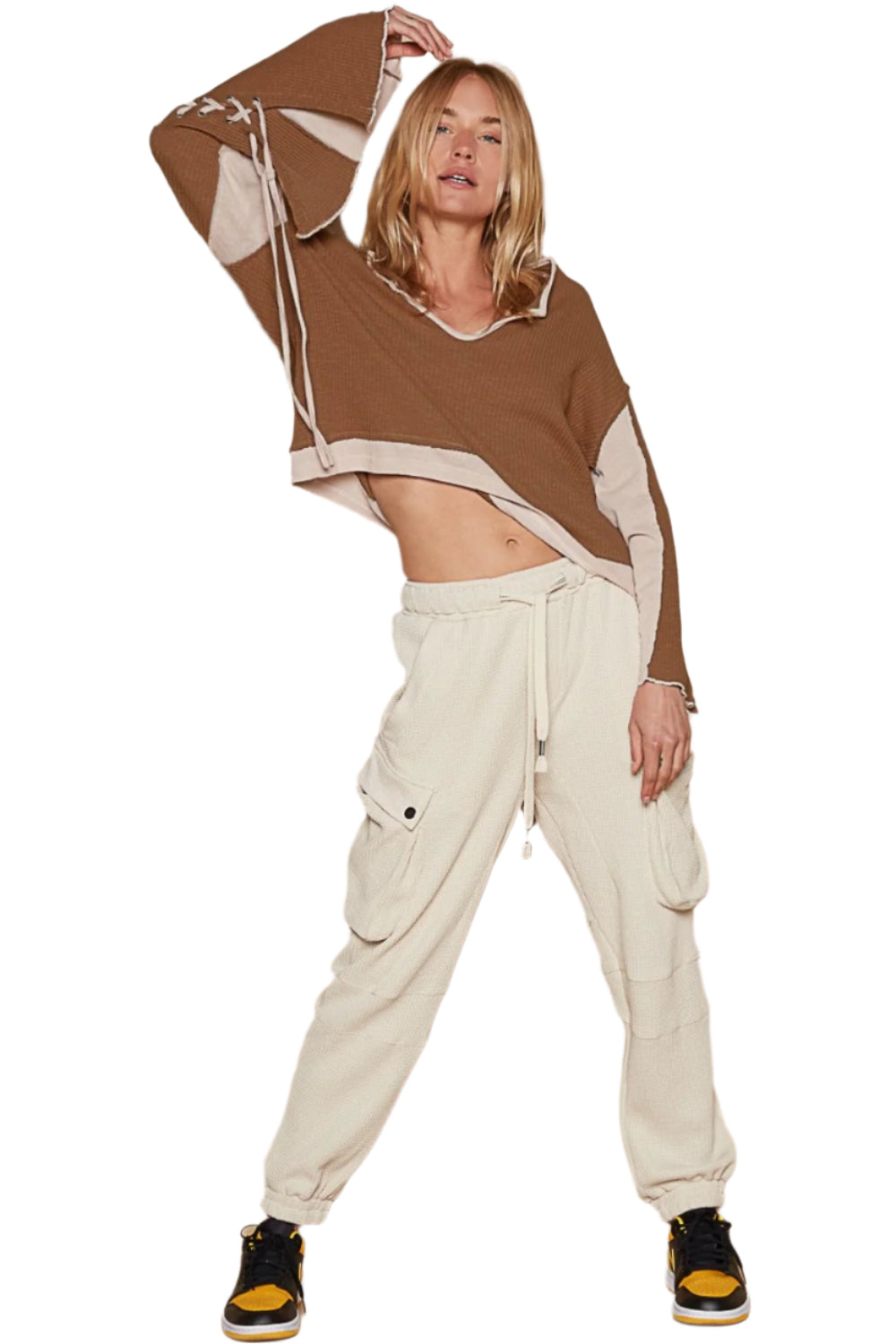 POL Lace-Up Sleeve Color Block Ribbed Knit Top