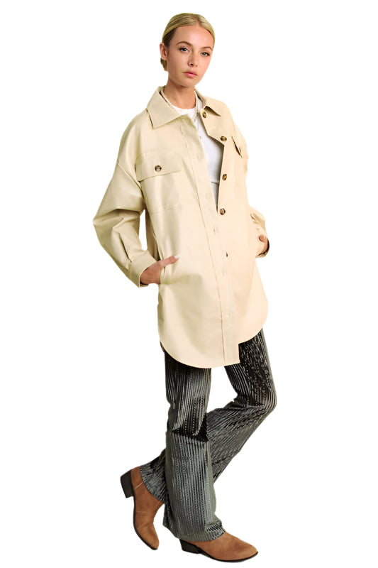Davi & Dani Faux Leather Button Up Jacket with Chest Pockets