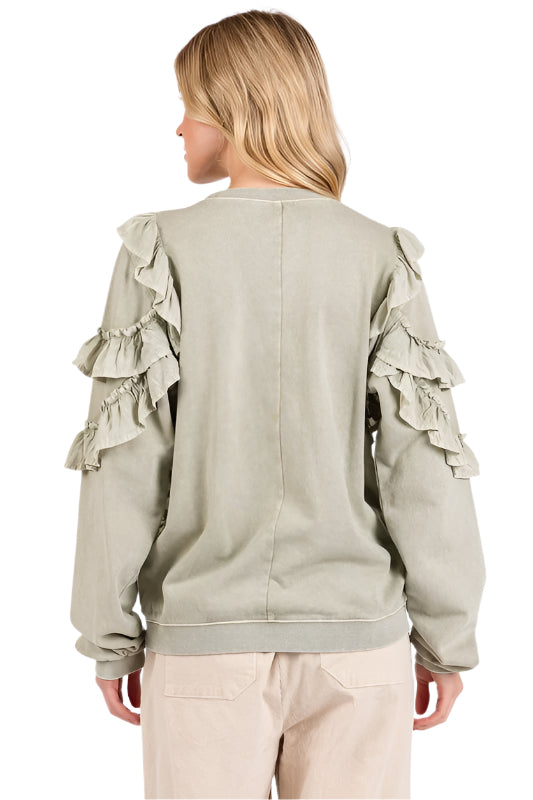 Mittoshop Ruffled Mineral Washed Round Neck Long Sleeve Sweatshirt