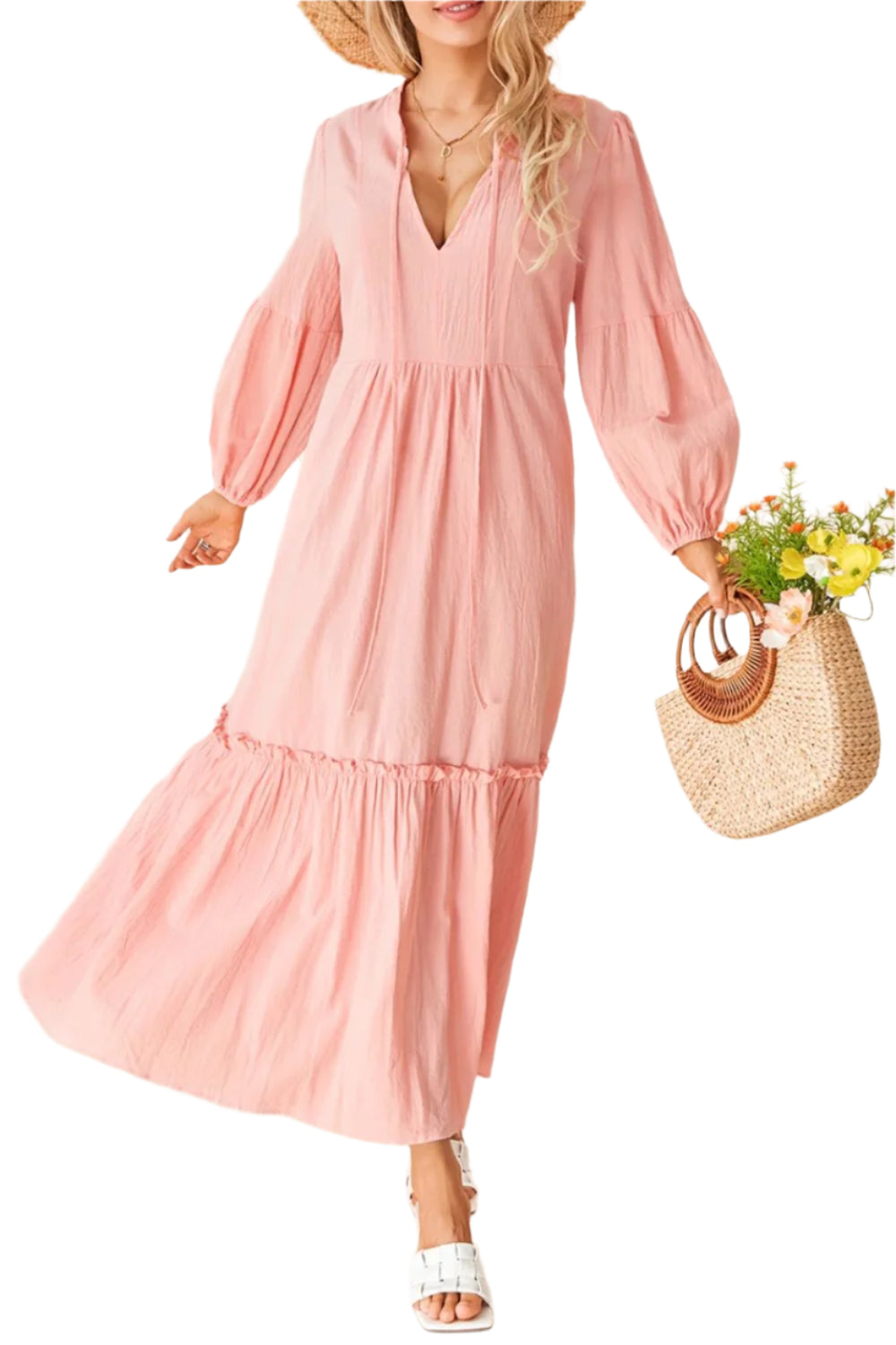 Frill Tiered Tie Neck Long Sleeve Dress