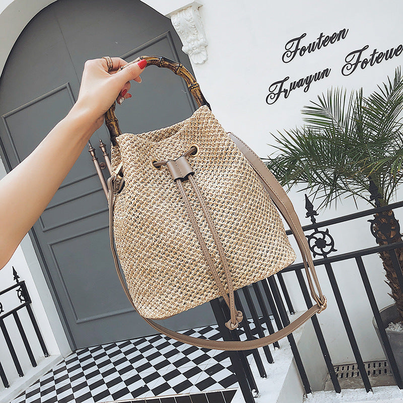 Woven Hemp Bamboo Handle Bucket Bag