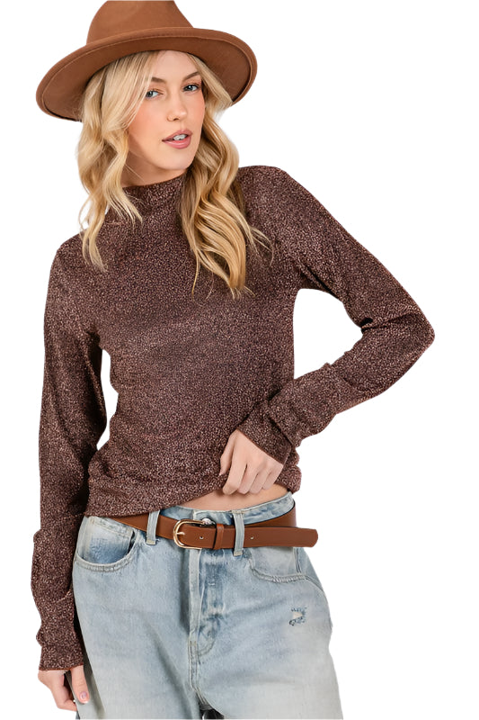SAGE + FIG Glitter Mock Neck Lettuce Hem Long Sleeve Top