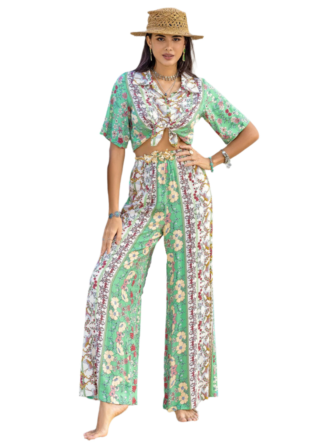 Printed Half Sleeve Top and Wide Leg Pants Set