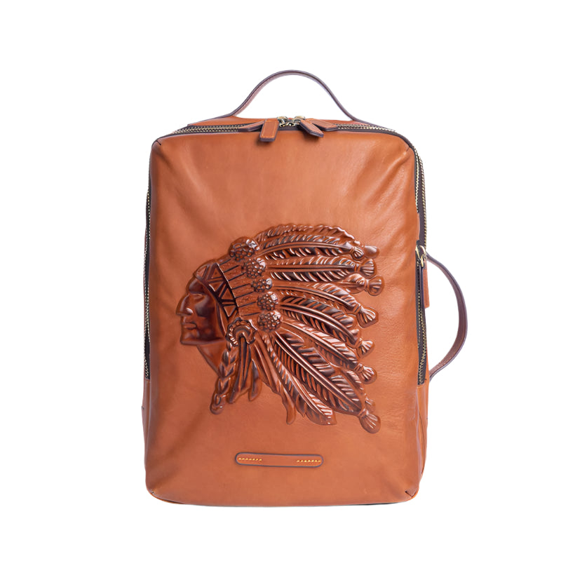 Men's Native American Embossed Cowhide Leather Backpack