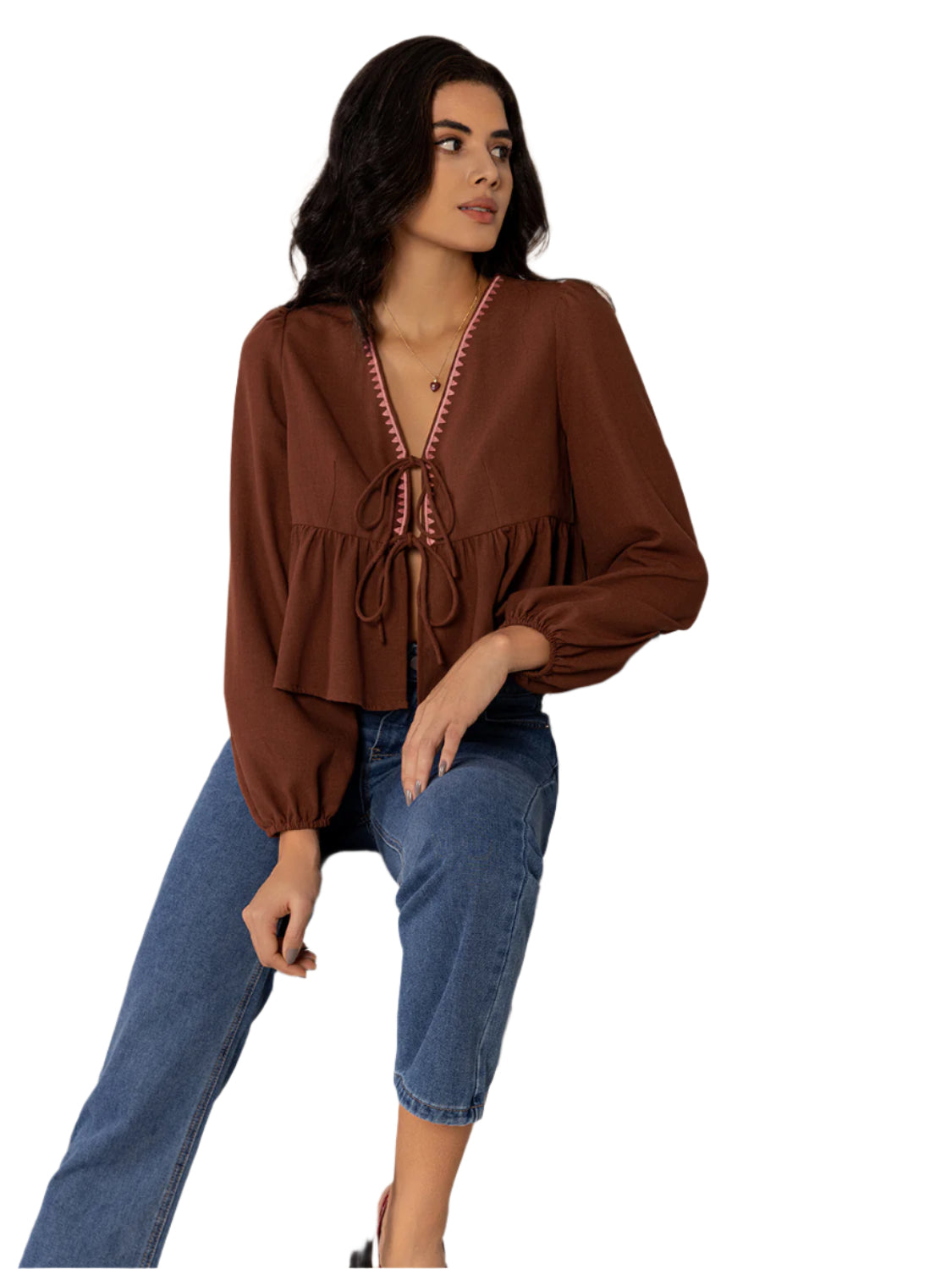 Peplum Tied V-Neck Long Sleeve Blouse