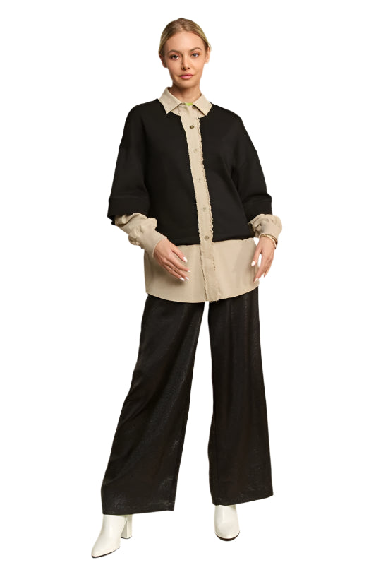 Davi & Dani Faux Layered French Terry Contrast Top