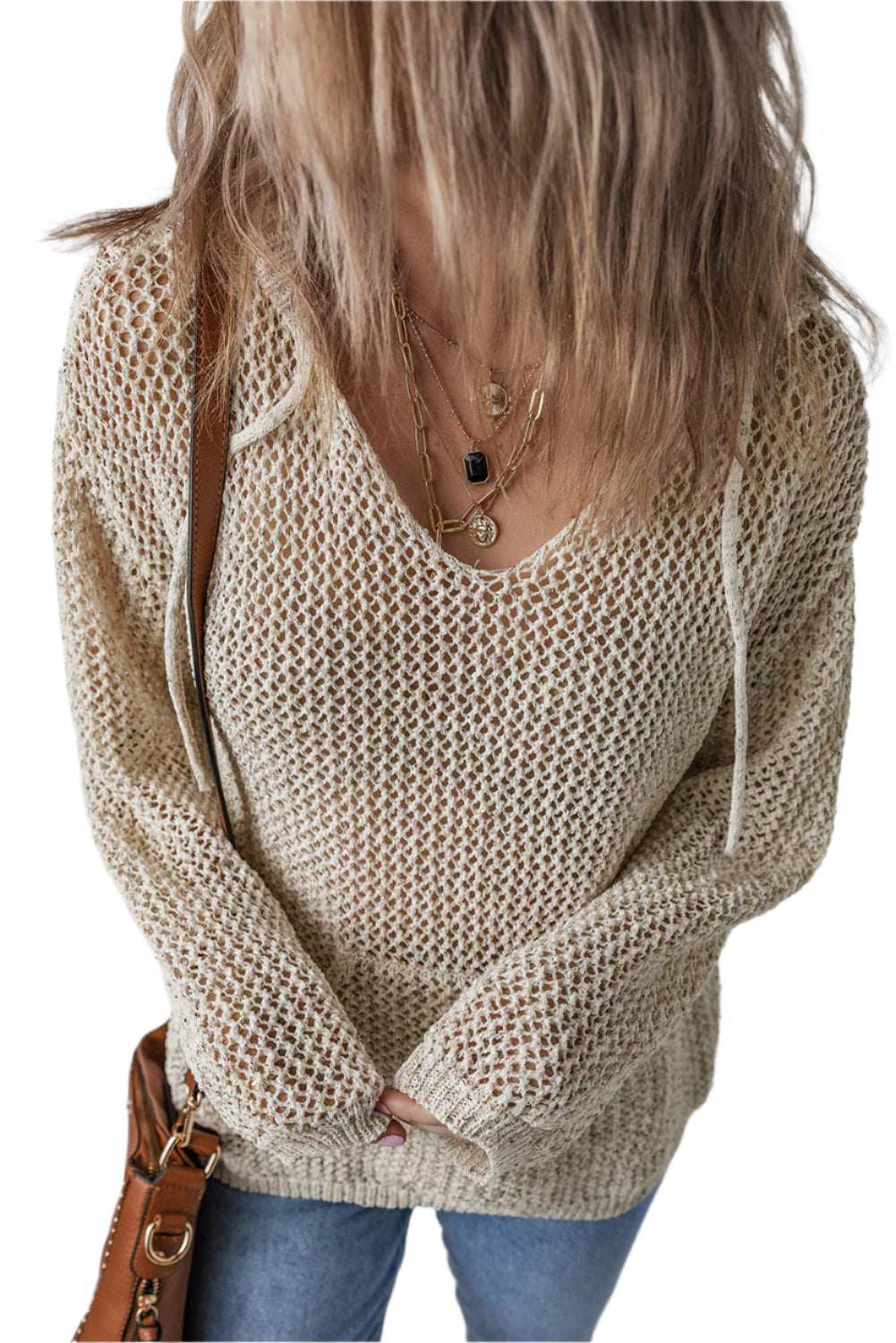 Openwork Dropped Shoulder Hooded Knit Top
