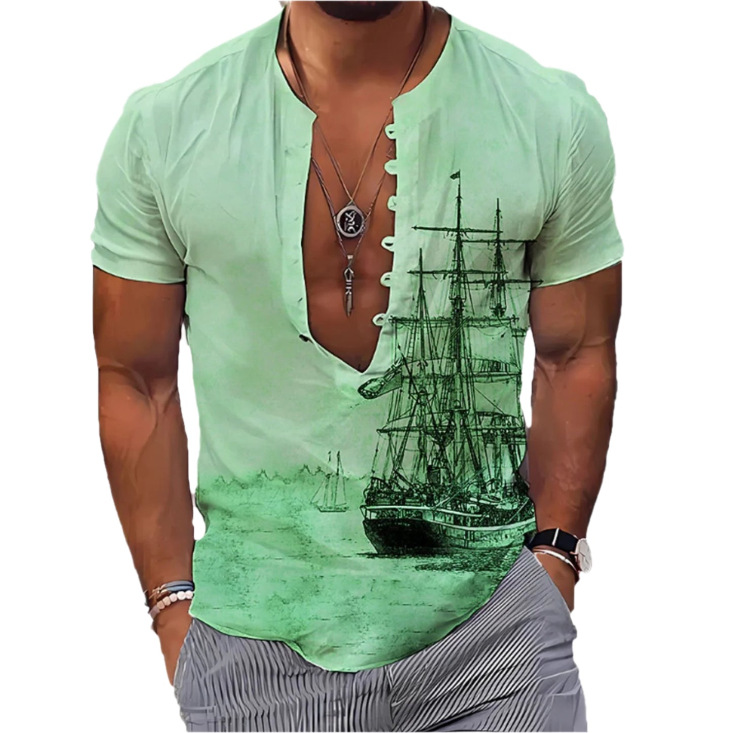 Men's 3D Vintage Print Long Ship Collard Long Sleeve Button Down Shirt