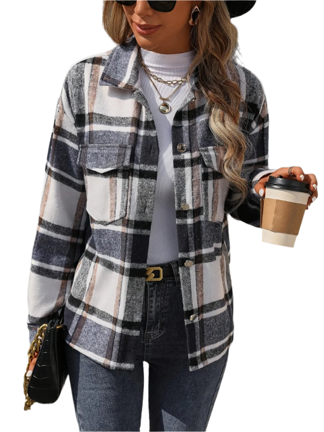 Plaid Button Up Drop Shoulder Jacket