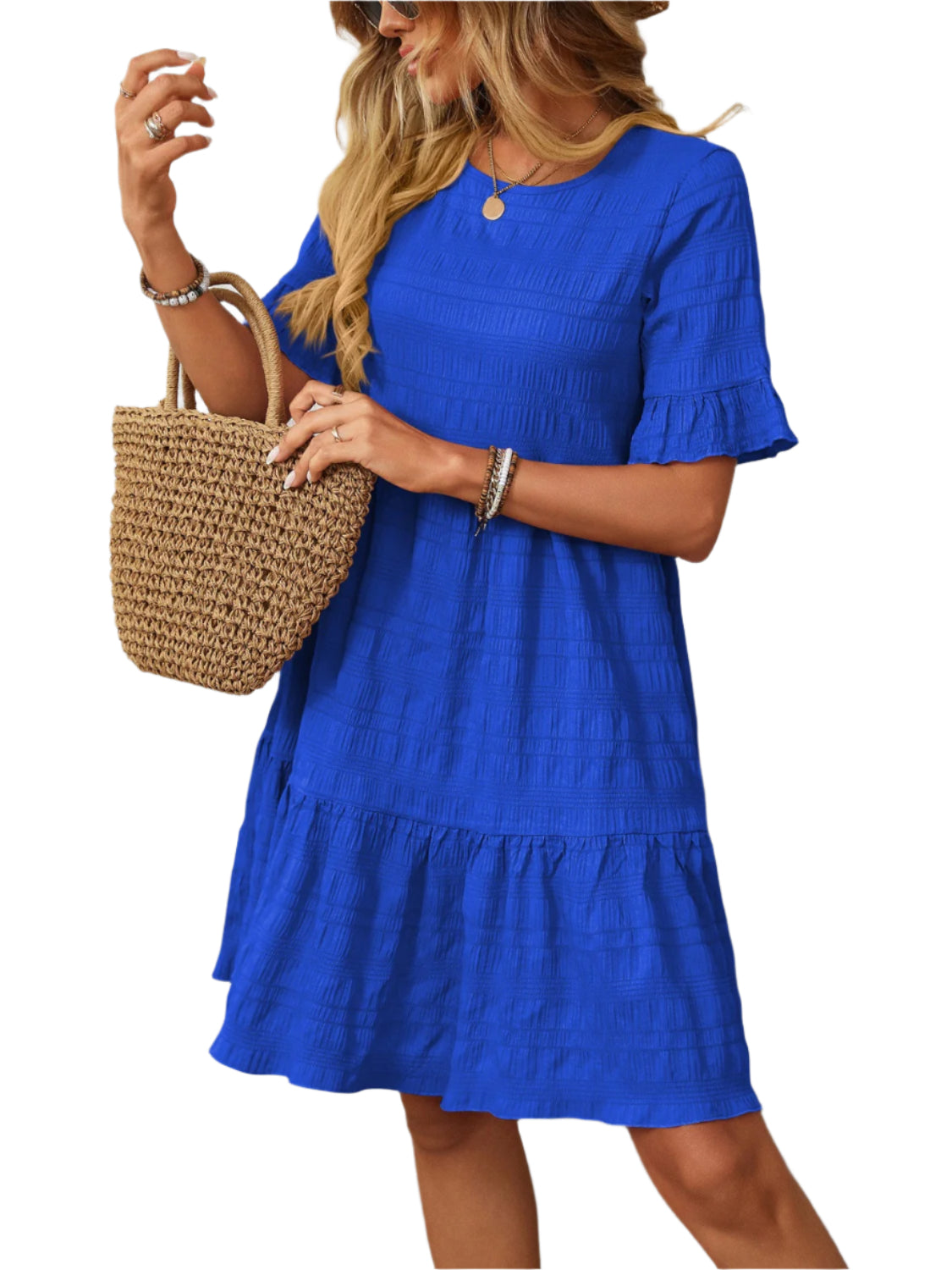 Mandy Ruffled Ruched Round Neck Half Sleeve Dress