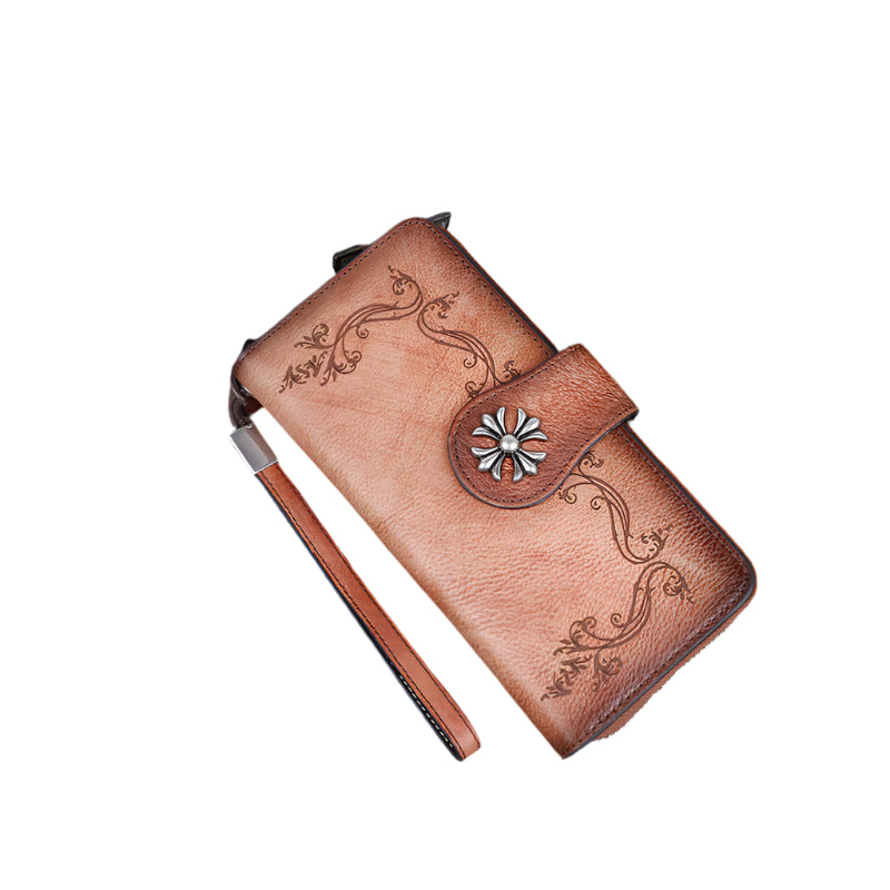 Hand-Polished Cowhide Leather Flower Buckle Wallet