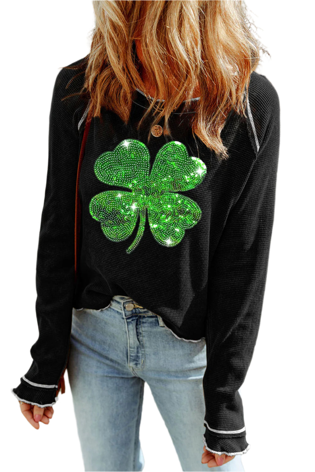 Sequin Lucky Clover Lettuce Trim Long Sleeve Top