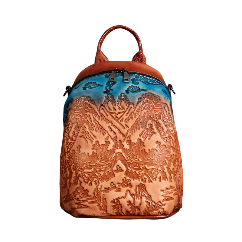 Nature Scenery Embossed Vegetable Tanned Cowhide Leather Backpack