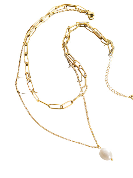 Freshwater Pearl Titanium Steel Double-Layered Necklace