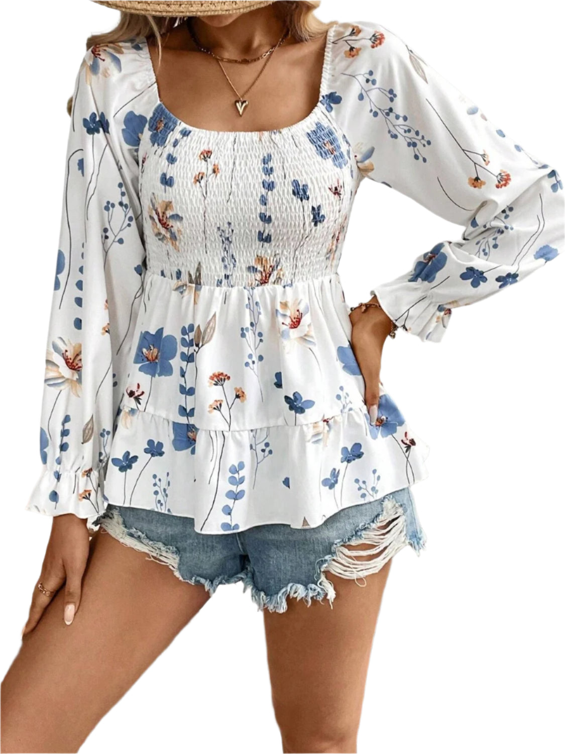 Smocked Floral Scoop Neck Flounce Sleeve Blouse