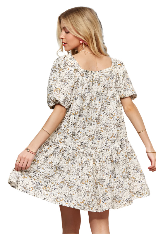ADORA Floral Square Neck Puff Sleeve Dress