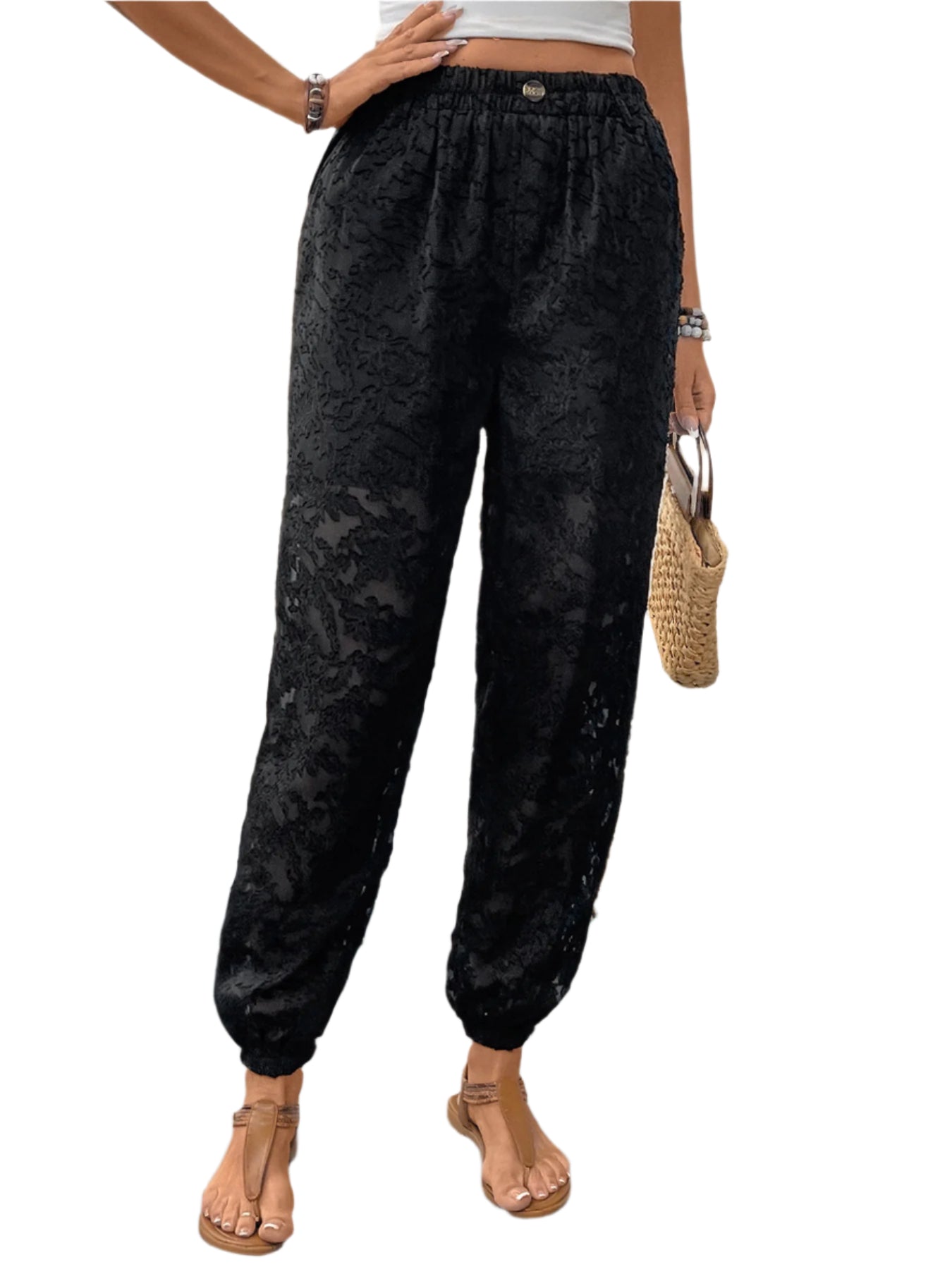 Perfee Pocketed Lace Elastic Waist Pants