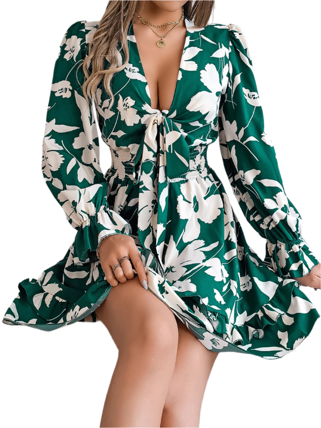 Tied Ruffled Printed Long Sleeve Dress