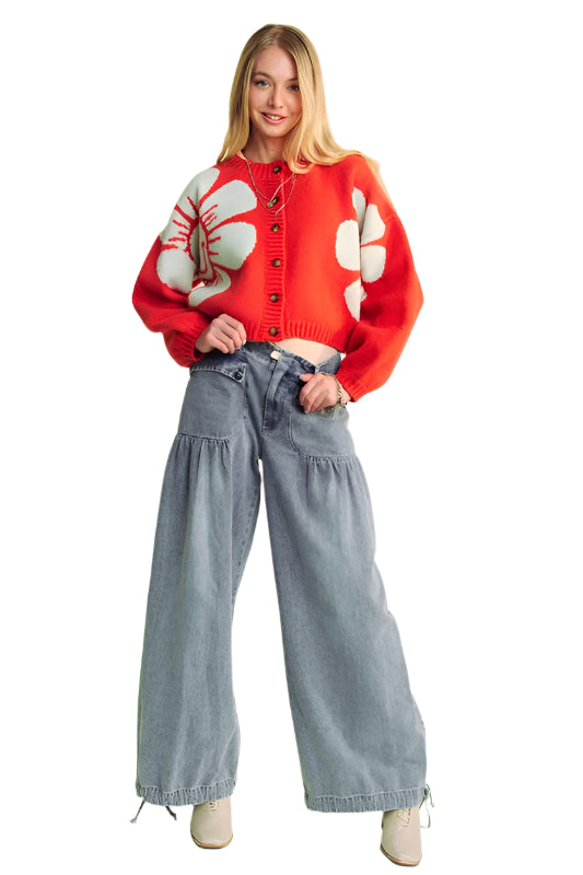 Davi & Dani Flower Contrast Round Neck Long Sleeve Cardigan