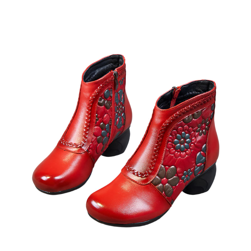 Floral Print Cowhide Waterproof Ankle Boots