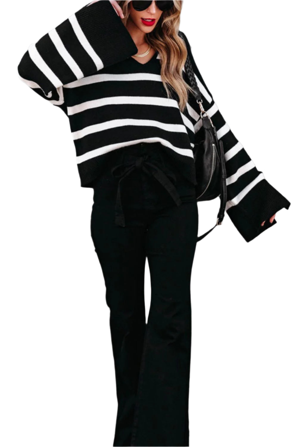 Striped Johnny Collar Long Sleeve Sweater