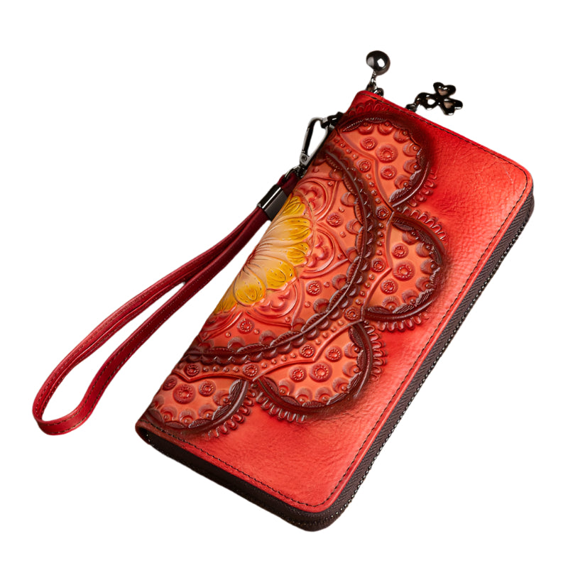 Floral Motif Cowhide Leather Wallet with Built-in Strap