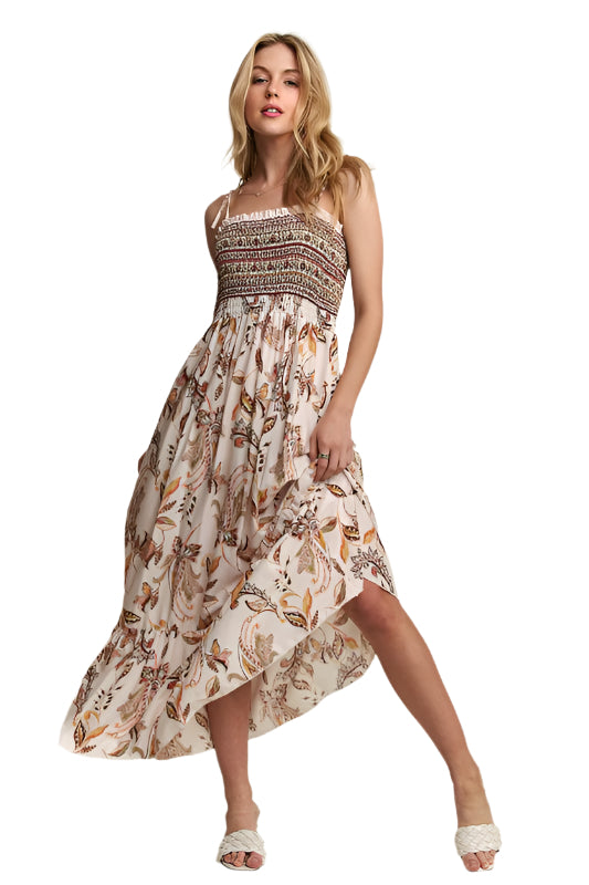 ADORA Smocked Printed Square Neck Tie Shoulder Cami Dress