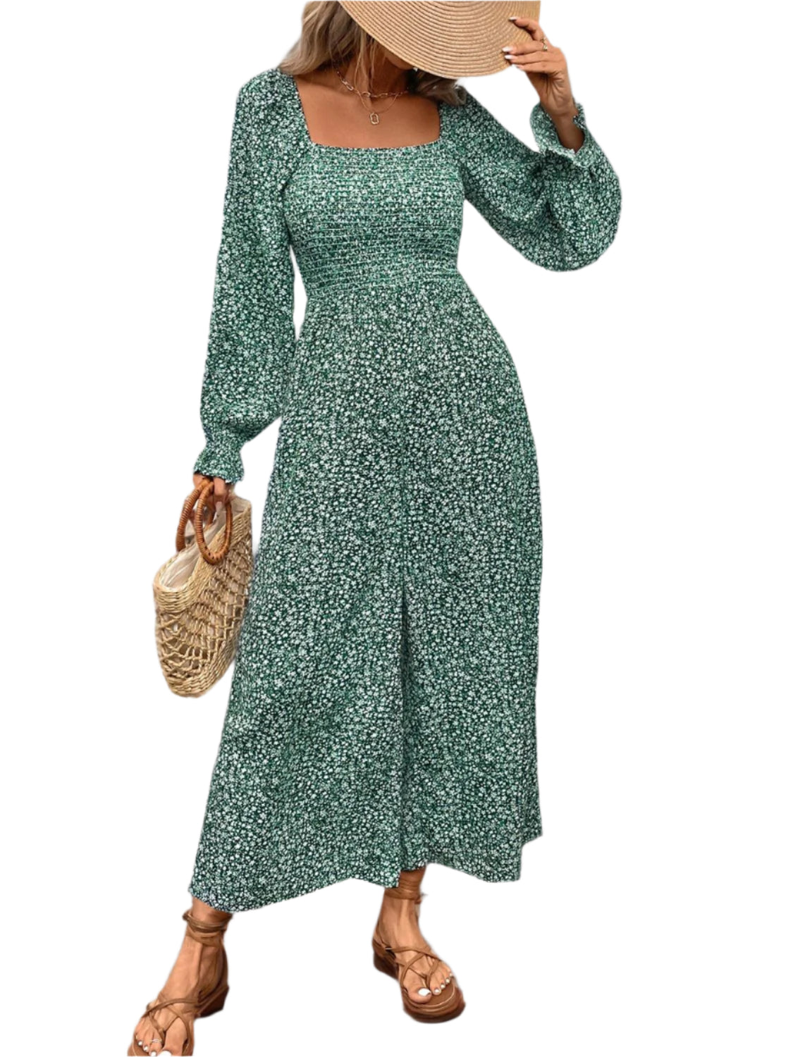 Perfee Smocked Printed Long Sleeve Wide Leg Jumpsuit