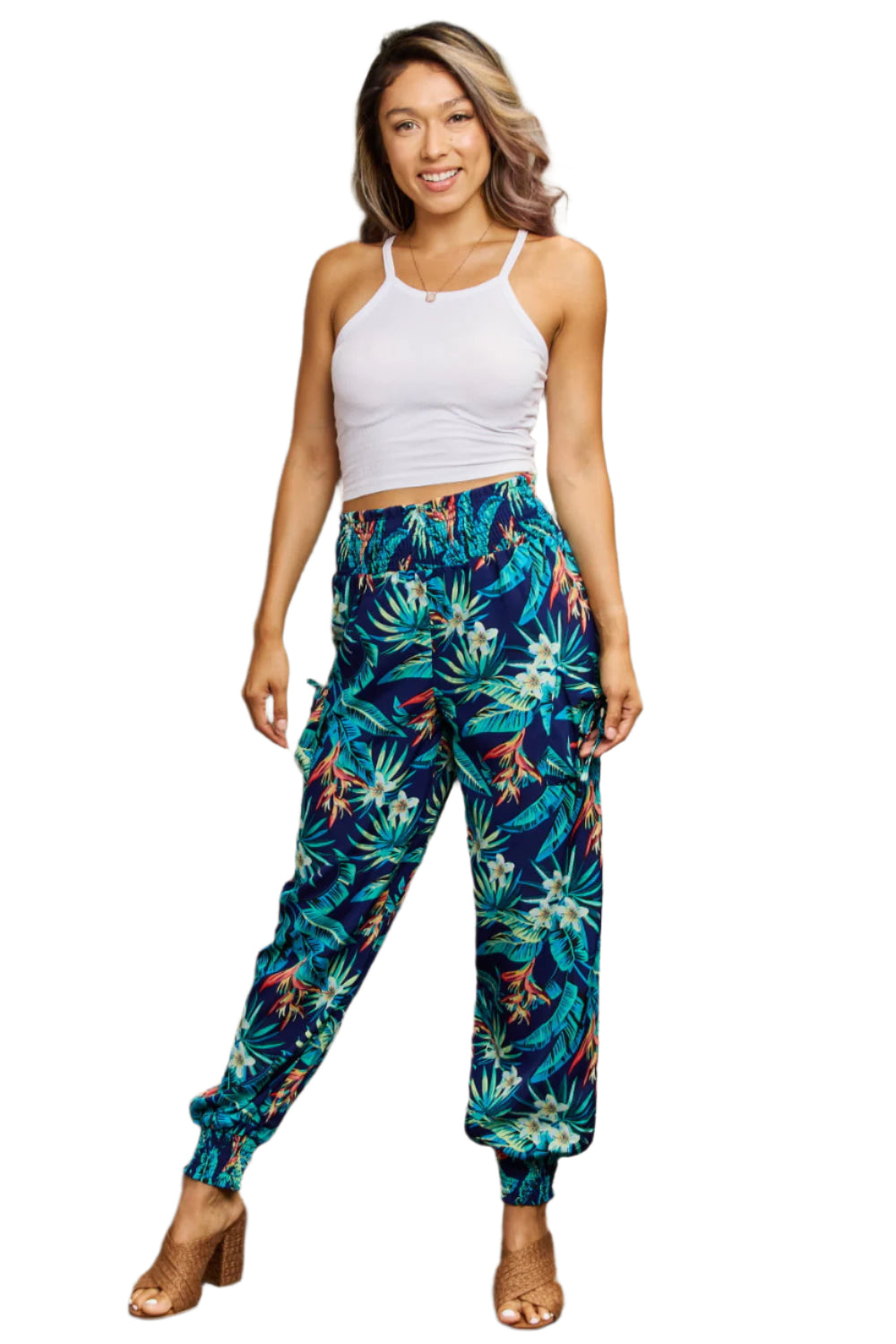 Perfee Smocked Plant Print Long Pants
