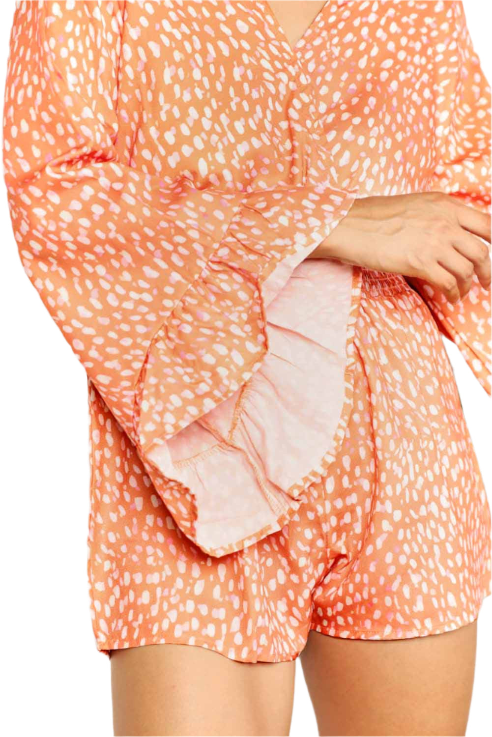 Double Take Printed Flare Sleeve Surplice Romper