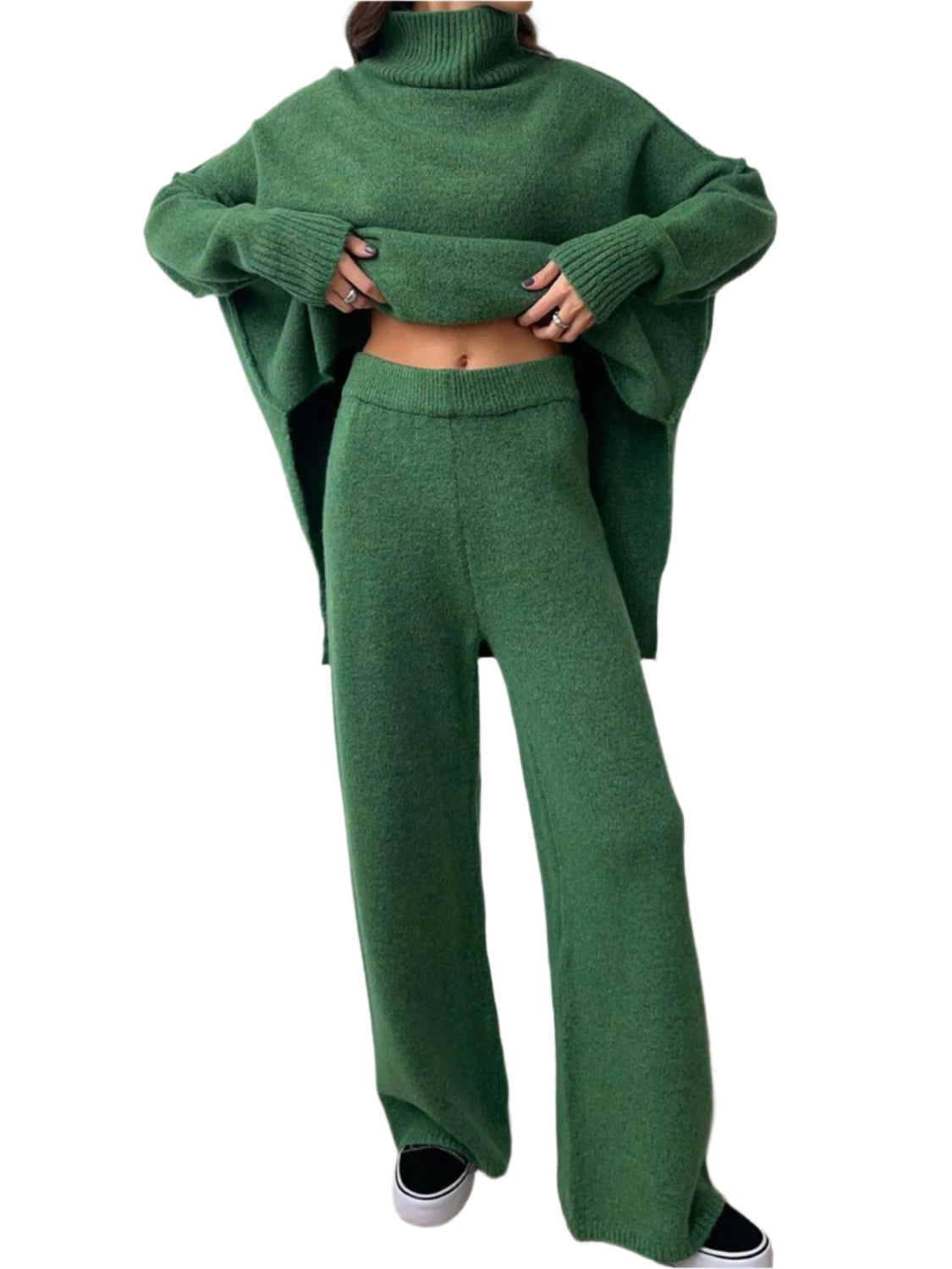 Slit Turtleneck Long Sleeve Top and Pants Sweater Set