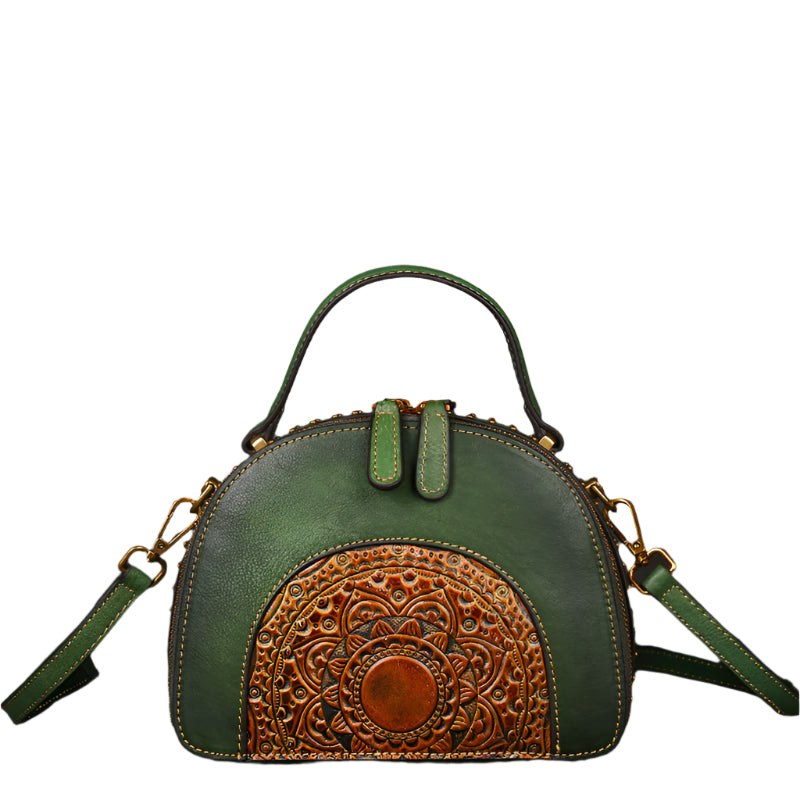Embossed Sunflower Design Cowhide Leather Handbag