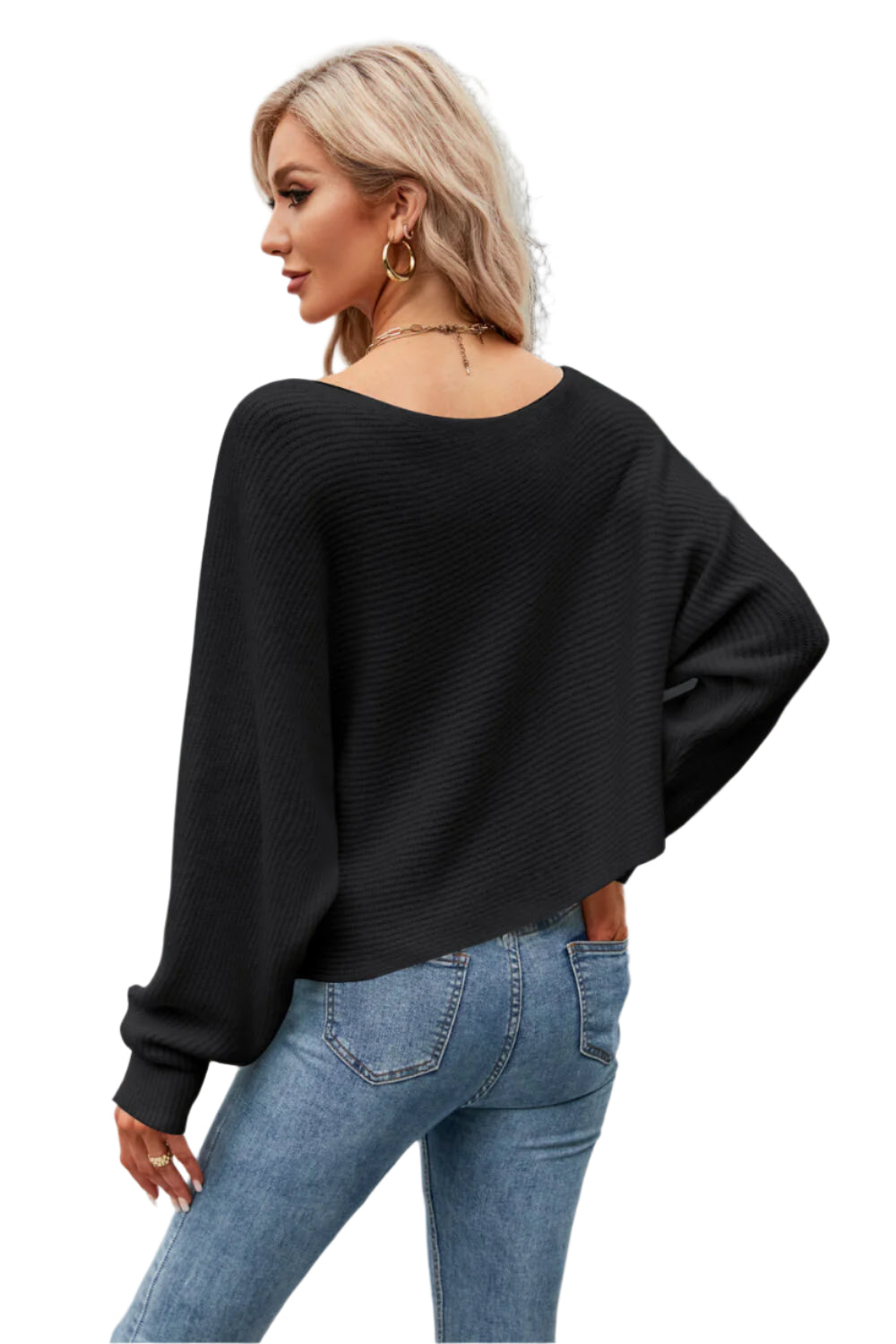 Boat Neck Horizontal Ribbing Dolman Sleeve Sweater