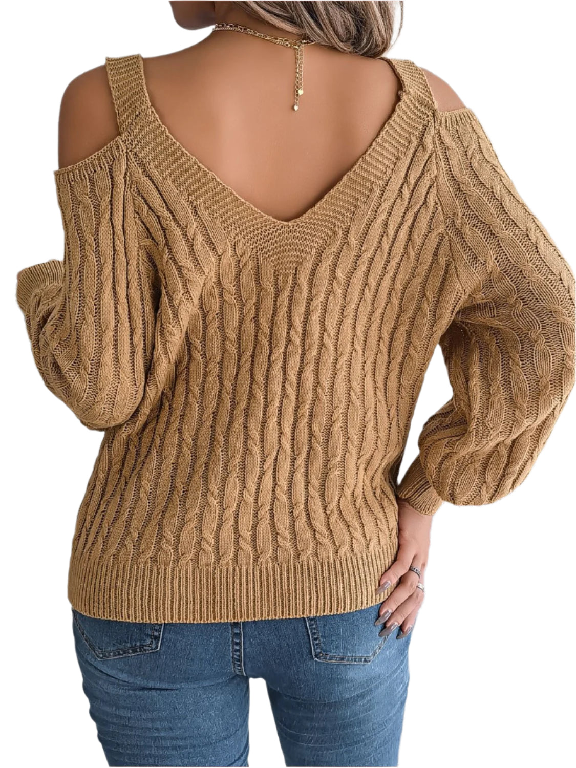 Cable-Knit Cold Shoulder Long Sleeve Sweater