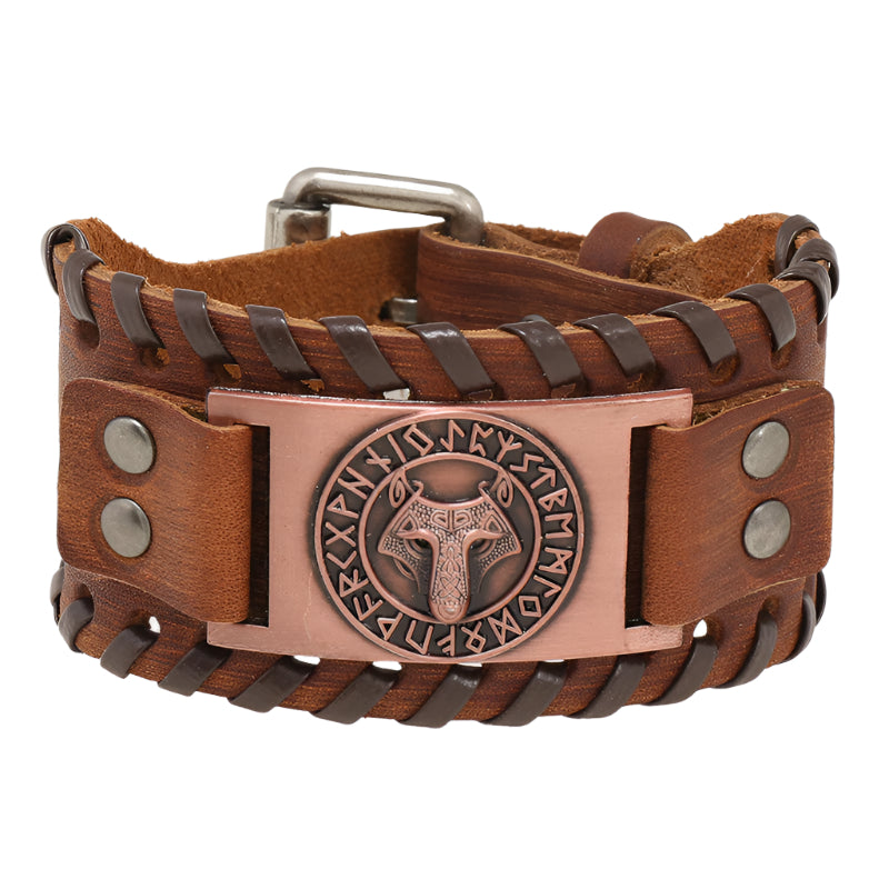 Cowhide Woven Wolf Head with Norse Elder Futhark Runes Bracelet