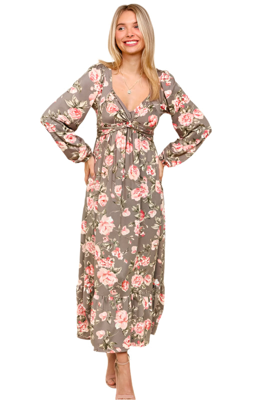 Haptics Twisted Detail Ruffled Hem Floral Dress with Side Pockets