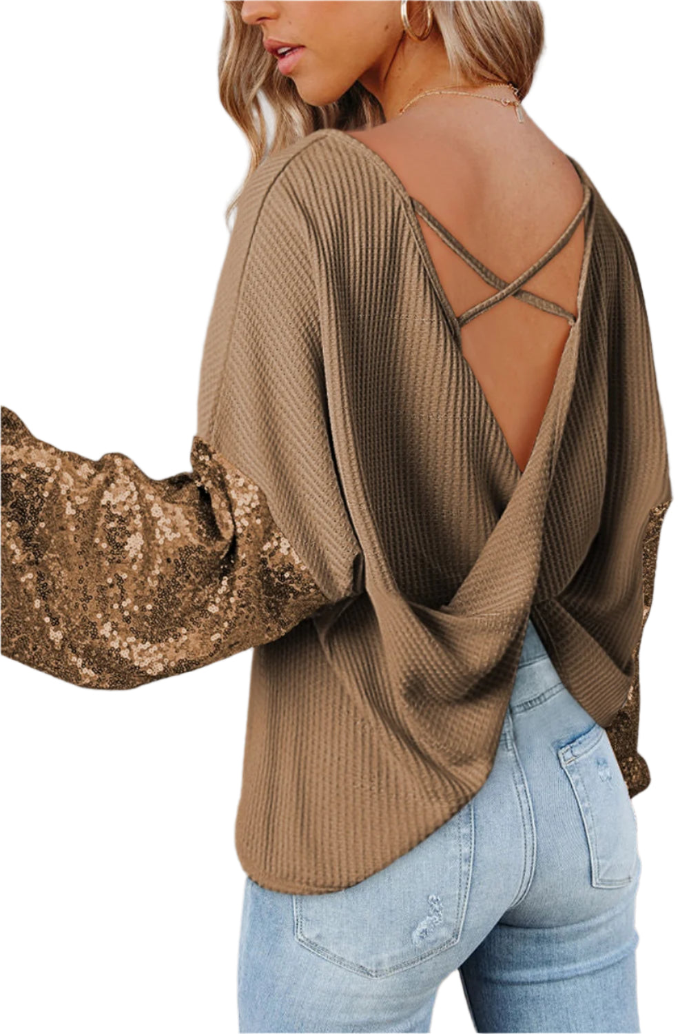 Sequin Waffle-Knit Blouse